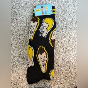 Novelty Black & Yellow Men's Crew Socks - Beavis and Butthead Face Pattern